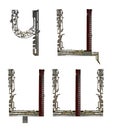 Serbian Cyrillic alphabet, letters `ÃÅ, C, DÃÂ¾, ÃÂ `, assembled from metallic parts